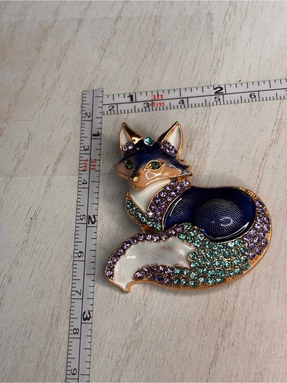 New Blue Fox Brooch Pin Enamel Rhinestone Woodland Animal Gold Tone Statement